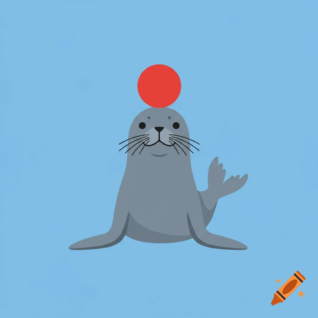 A simple illustration of a gray seal balancing a red ball on its nose.