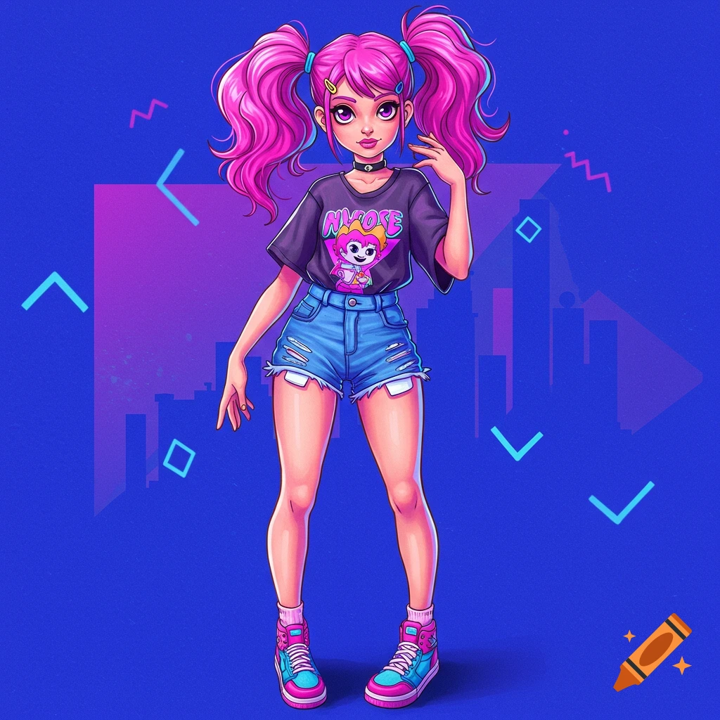 A girl with pink pigtails is wearing a t-shirt, shorts, and colorful sneakers.