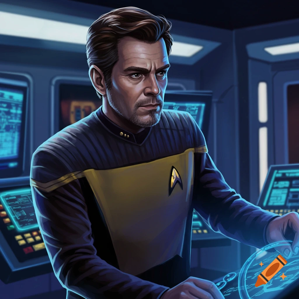 A man in a blue and gold Starfleet-like uniform on a spaceship bridge.