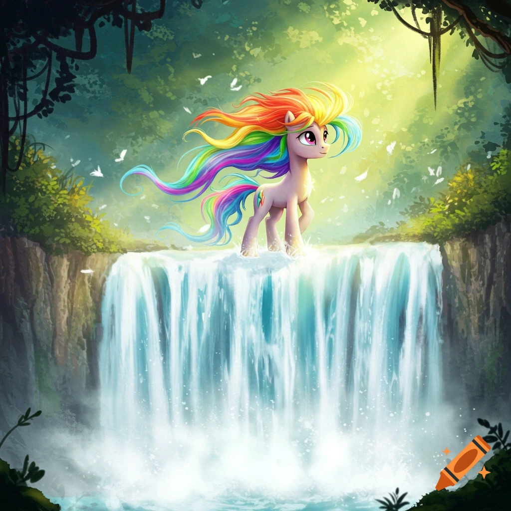 A pony with rainbow hair stands on a waterfall in a sunny forest.