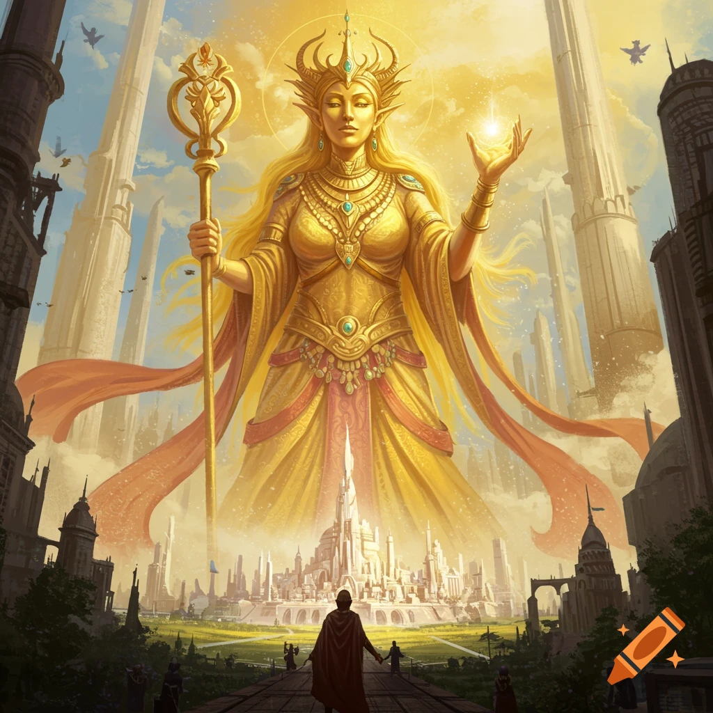 A giant golden goddess stands over a futuristic city, holding a staff and glowing orb.