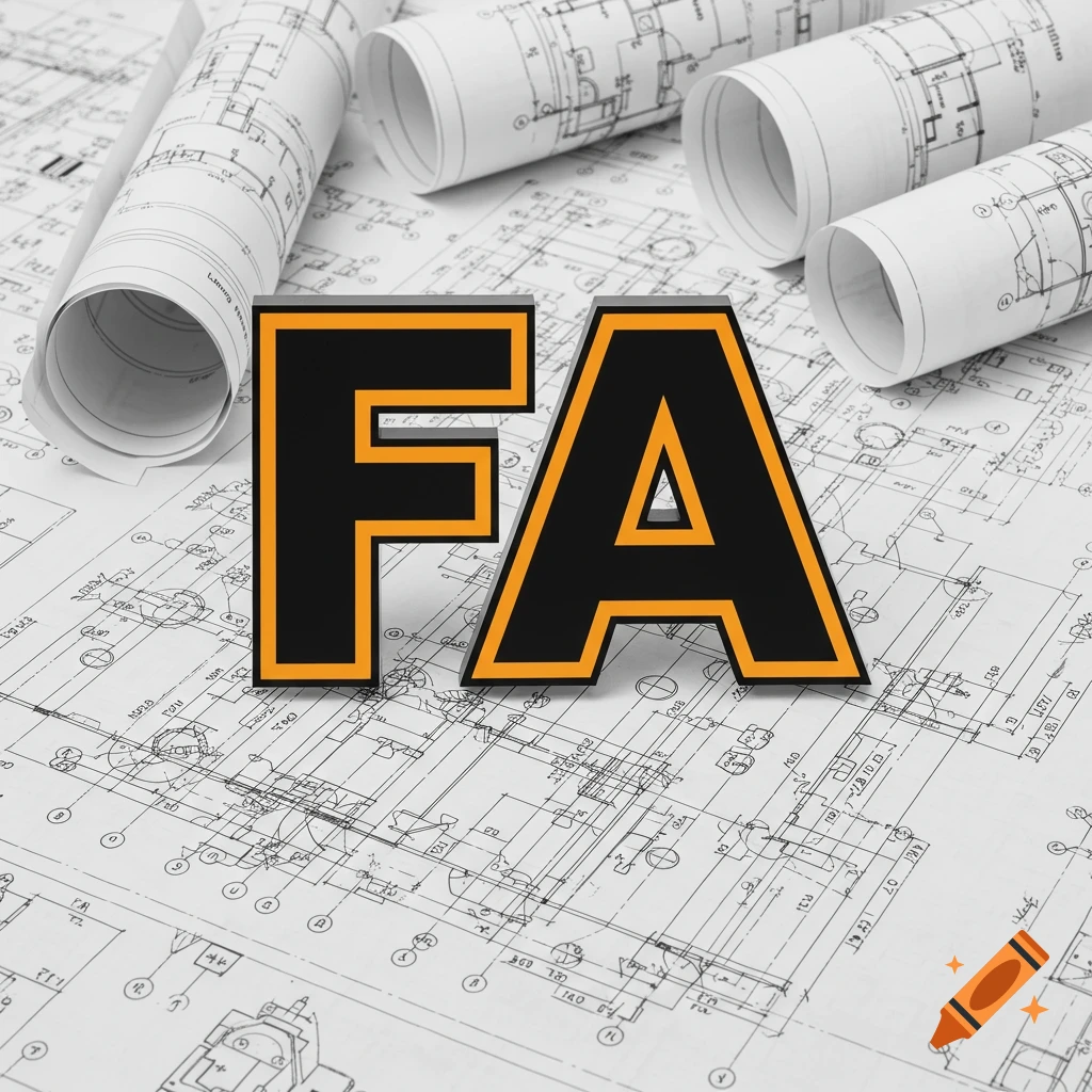 The 3D letters 'FA' on a background of architectural blueprints and rolled plans.