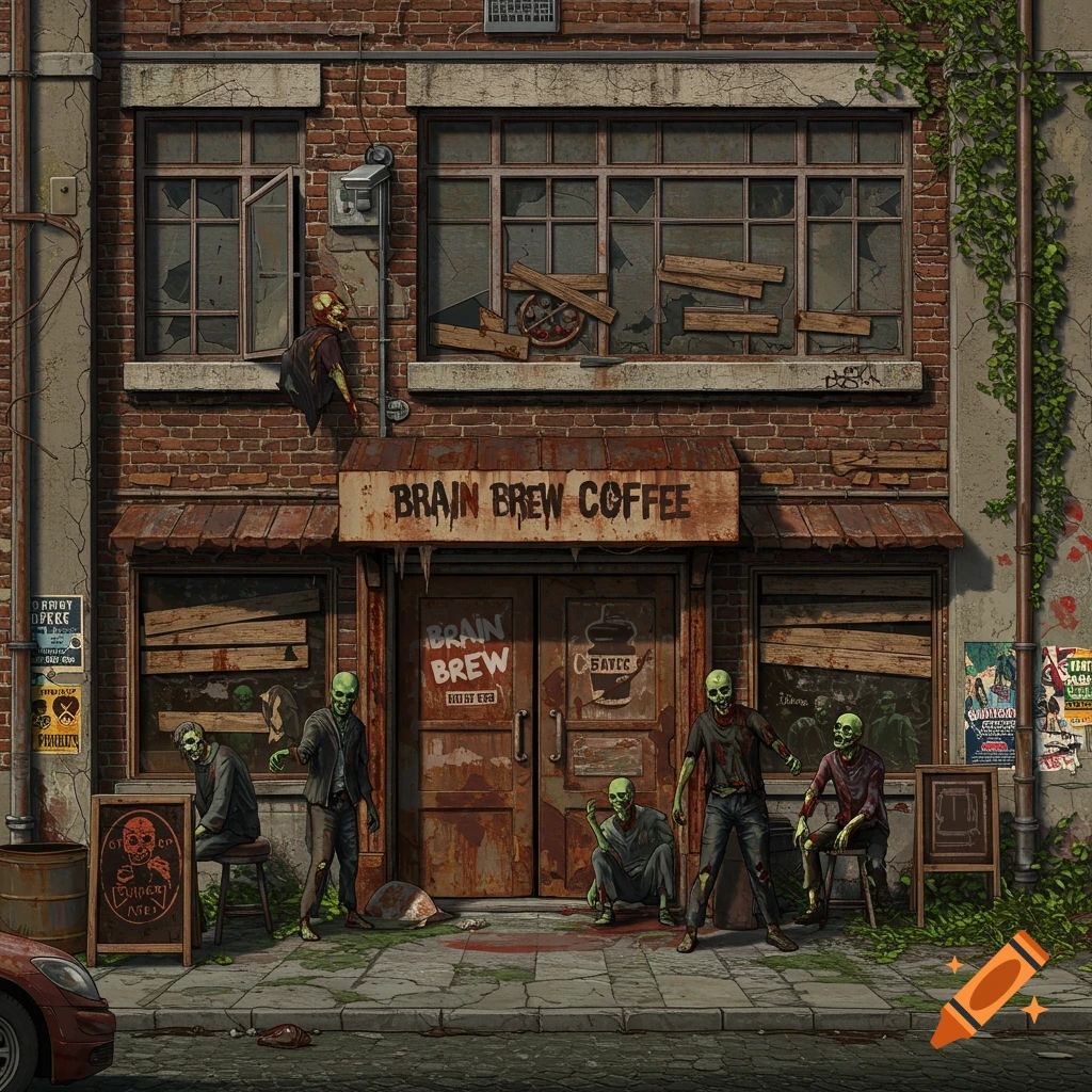 Green-skinned zombies gathered outside a dilapidated brick building with a sign reading "Brain Brew Coffee"