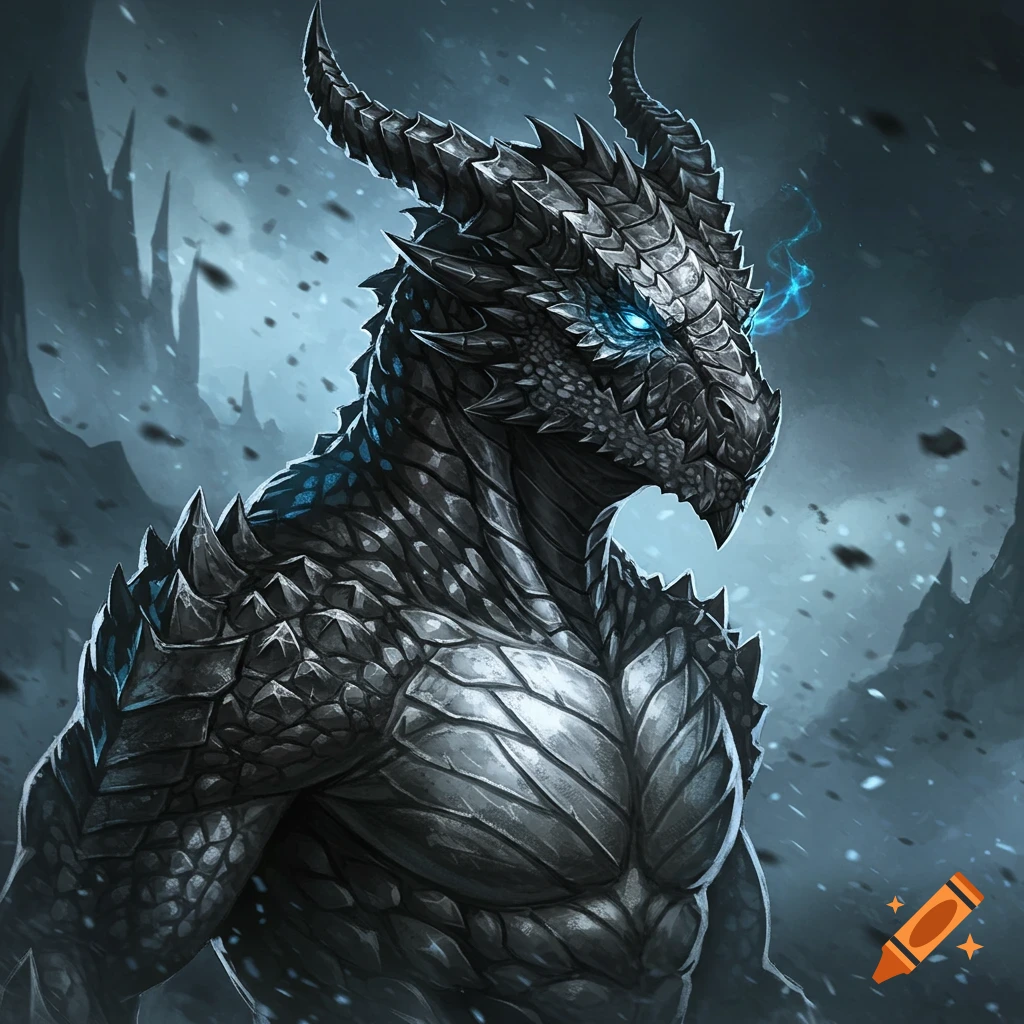 A male Dragonborn with black and silver scales and glowing blue eyes.
