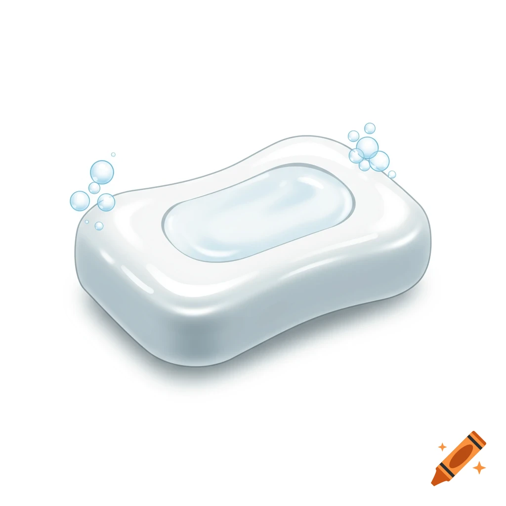 A vector graphic of a white bar of soap with bubbles