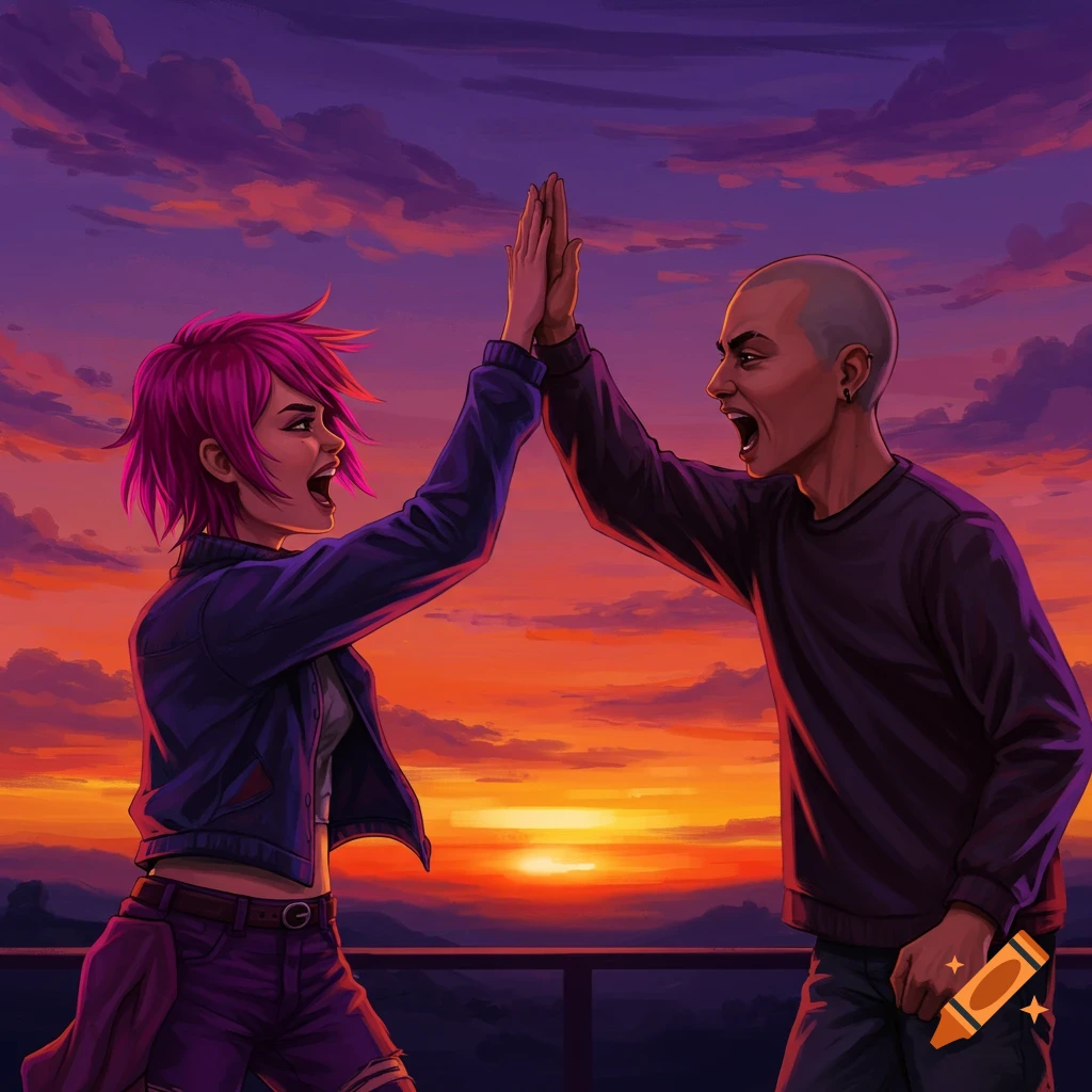 Two people high-fiving against a dramatic sunset sky.