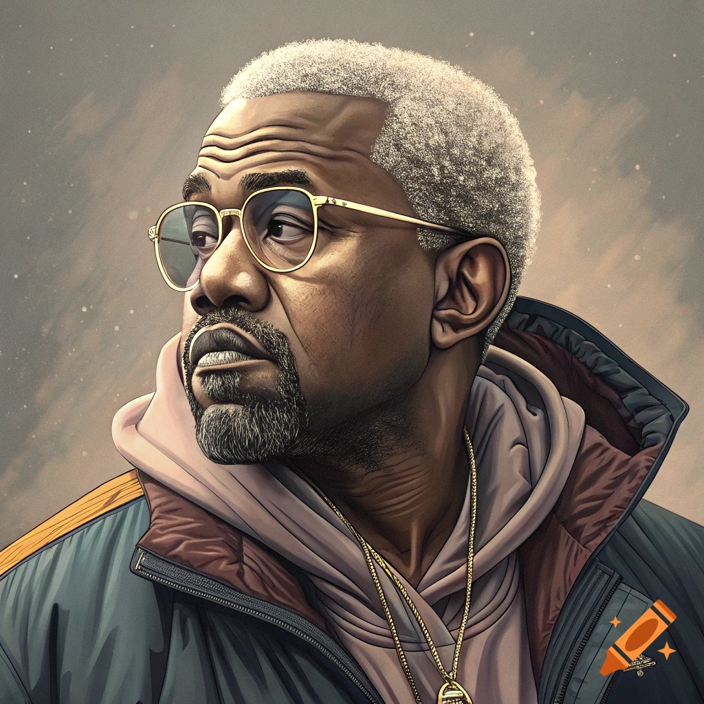 Illustration of an older man with white hair and beard wearing glasses, a hoodie, jacket, and gold chain.