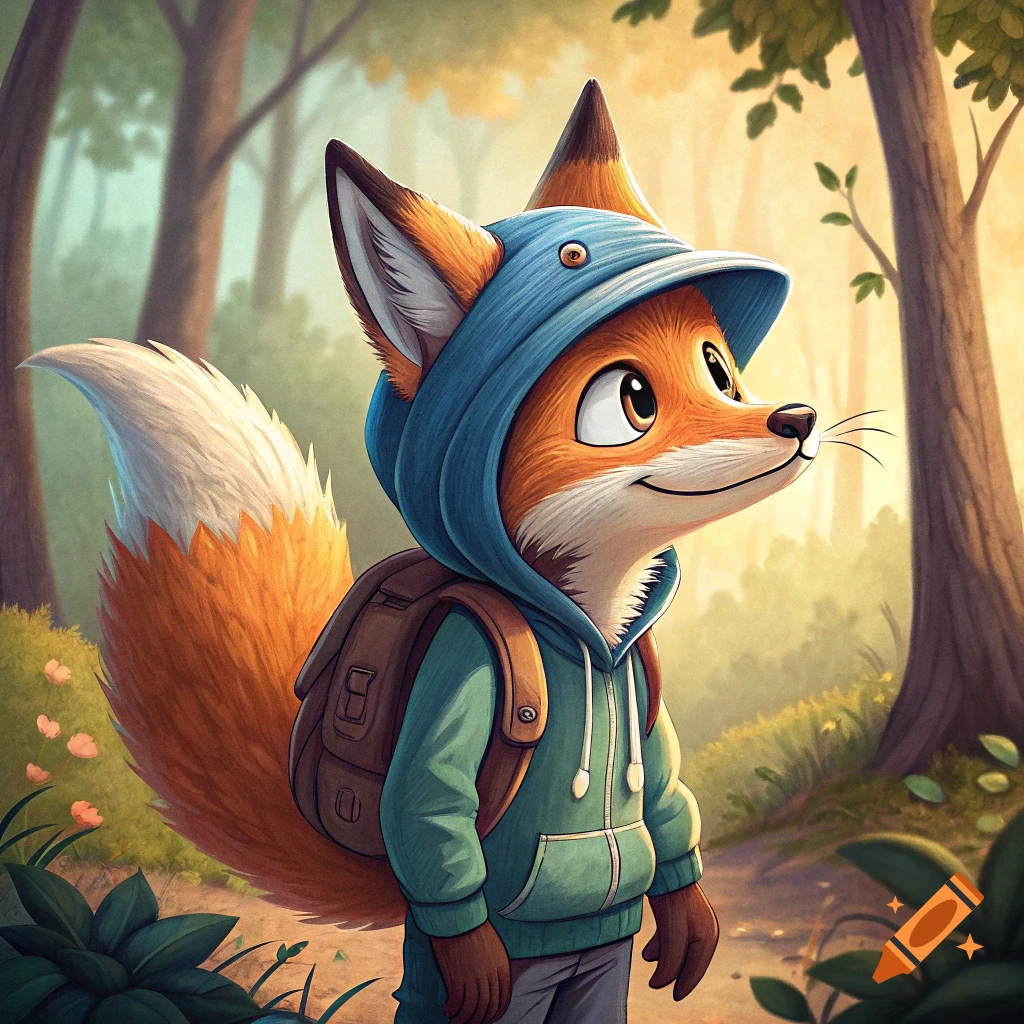 A cartoon fox wearing a blue hoodie and brown backpack walks on a forest path.