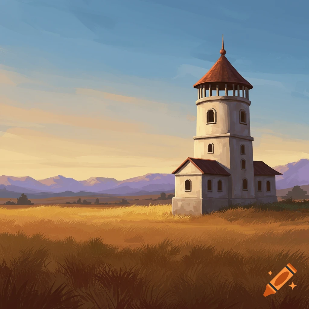 A white tower with a red roof stands in a golden field with mountains in the distance.