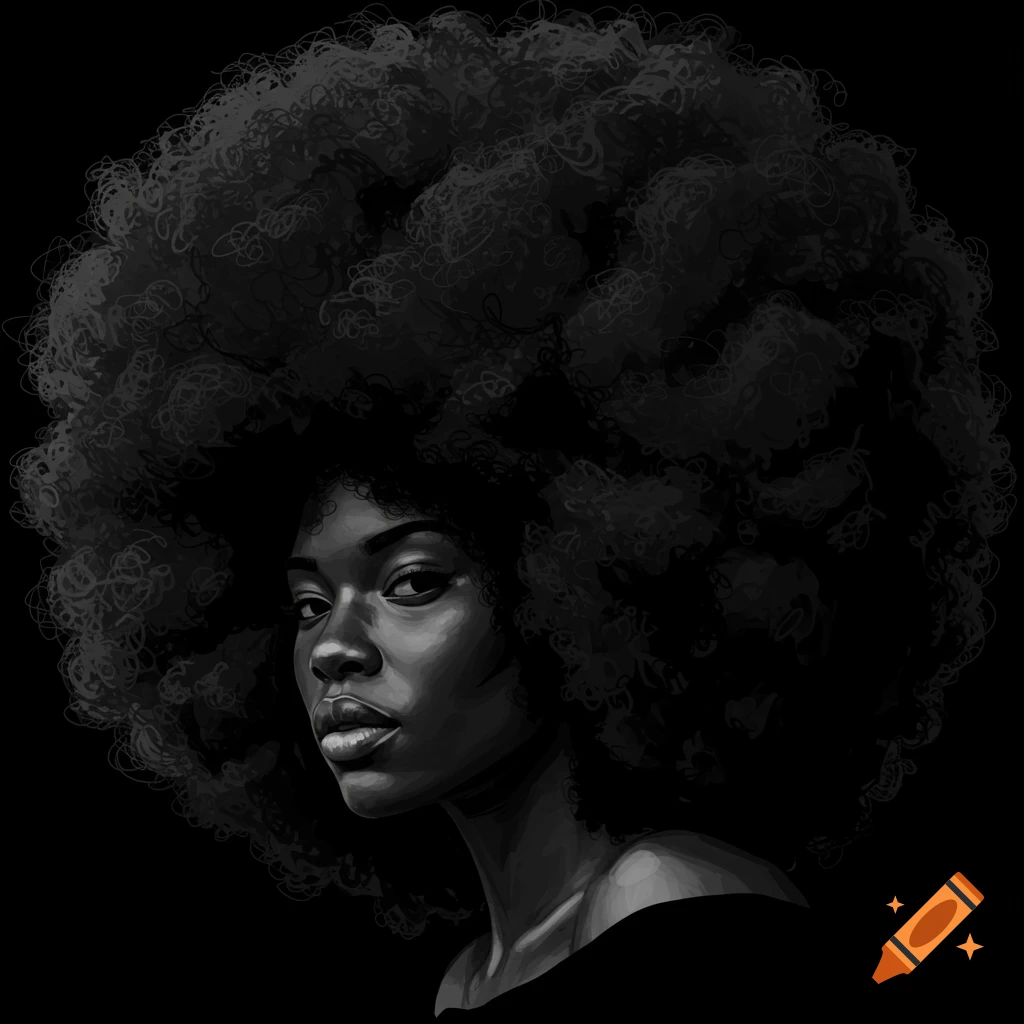 A person with a large afro in black and white
