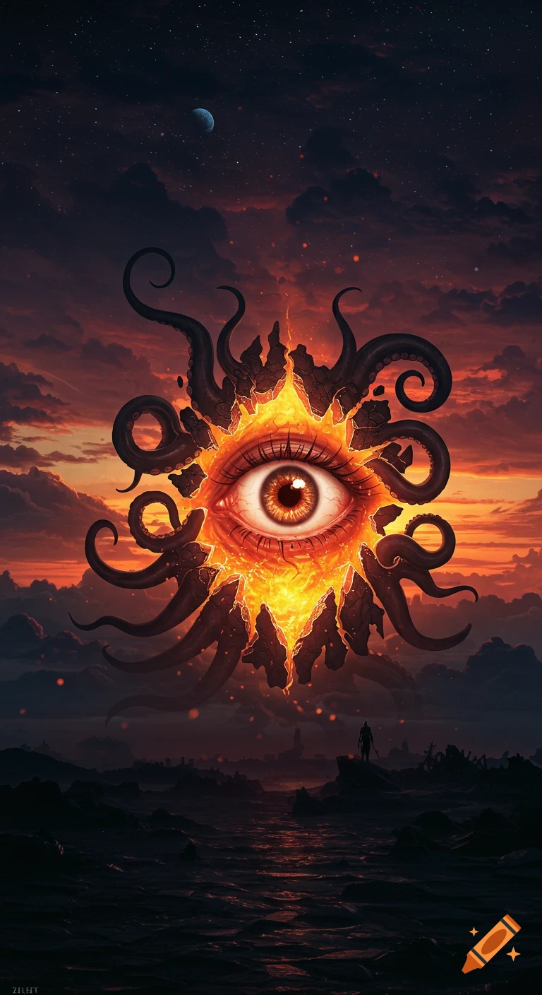 A giant fiery eye with tentacles over a twilight landscape with small figures.