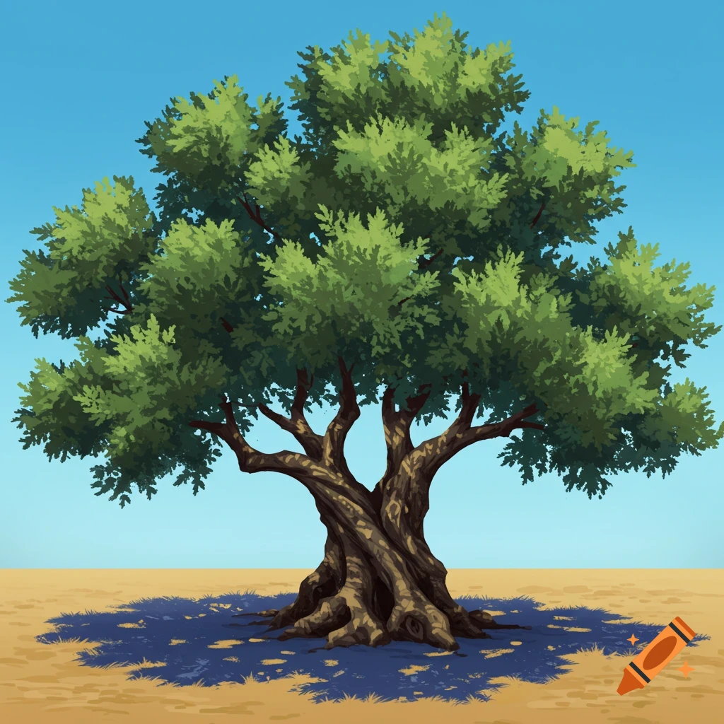 An olive tree in a sunny field under a blue sky.