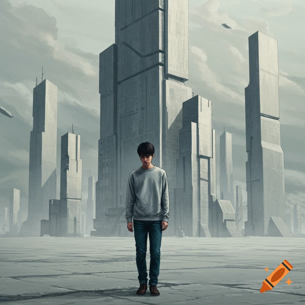 A young person stands in a vast, desolate plaza surrounded by large, abstract buildings.
