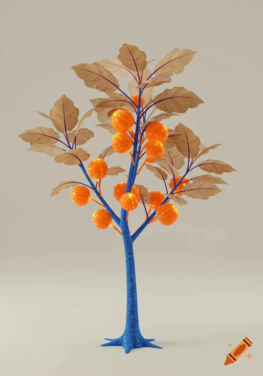 A stylized tree with a blue trunk, tan leaves, and bright orange spheres on its branches.