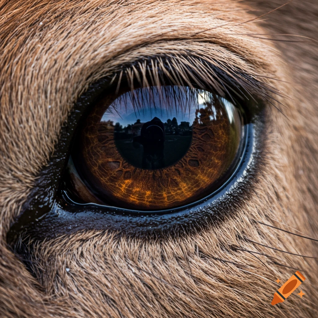Close-up photo of a deer eye with detailed brown iris and reflection in the pupil.