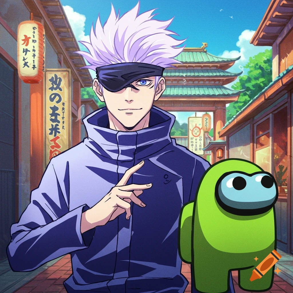 Anime character Satoru Gojo and a green Among Us character stand in a Japanese-style street scene with signs.