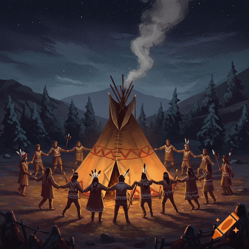 Figures dancing in a circle around a glowing teepee at night under a star-filled sky.