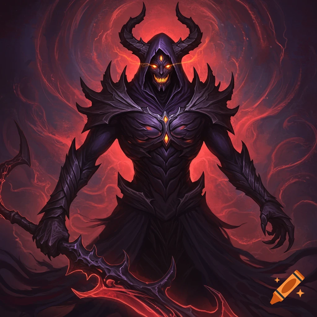 A dark, demonic figure with horns and glowing eyes holding a weapon.