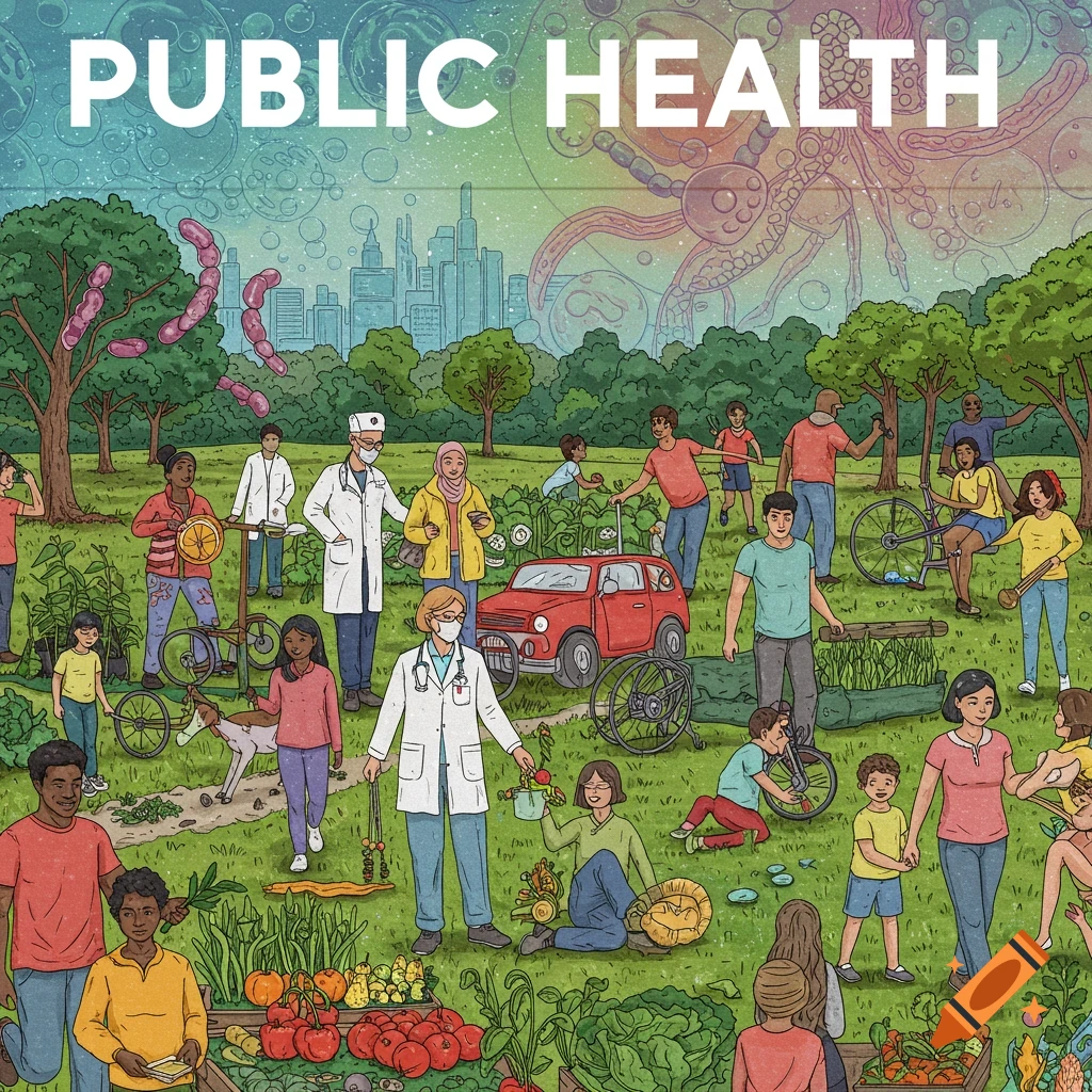 Illustration of diverse people in a park with doctors, families, gardening, abstract biological elements, and 'PUBLIC HEALTH' text.