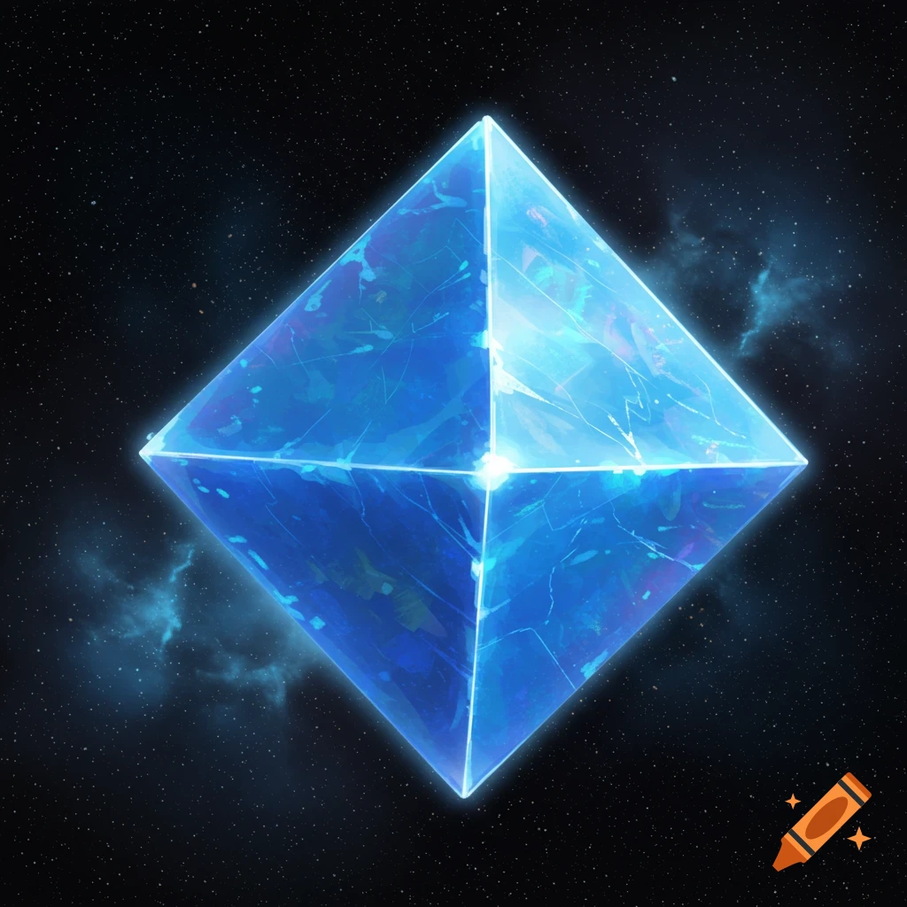 A glowing blue tetrahedron geometric shape in space with stars and nebula.