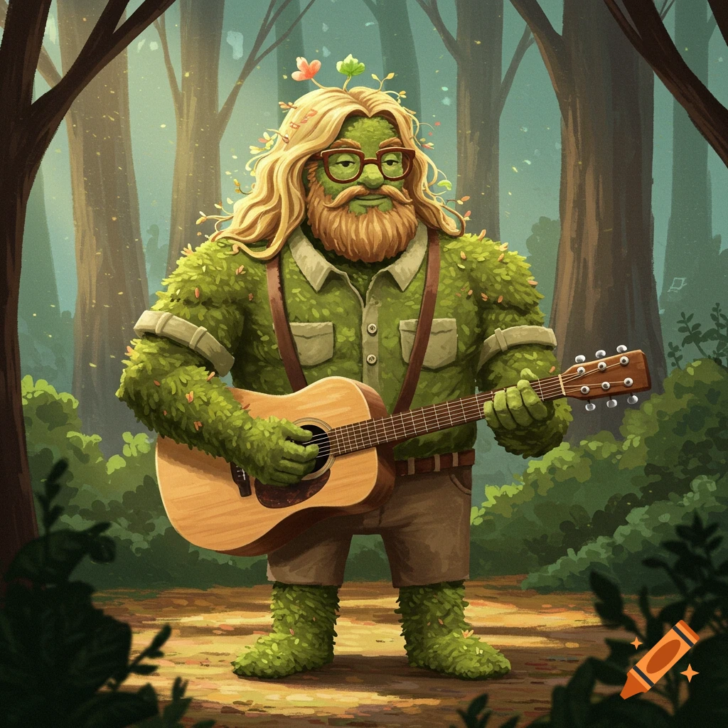 A mossy man with blonde hair and beard plays an acoustic guitar in a sunlit forest.