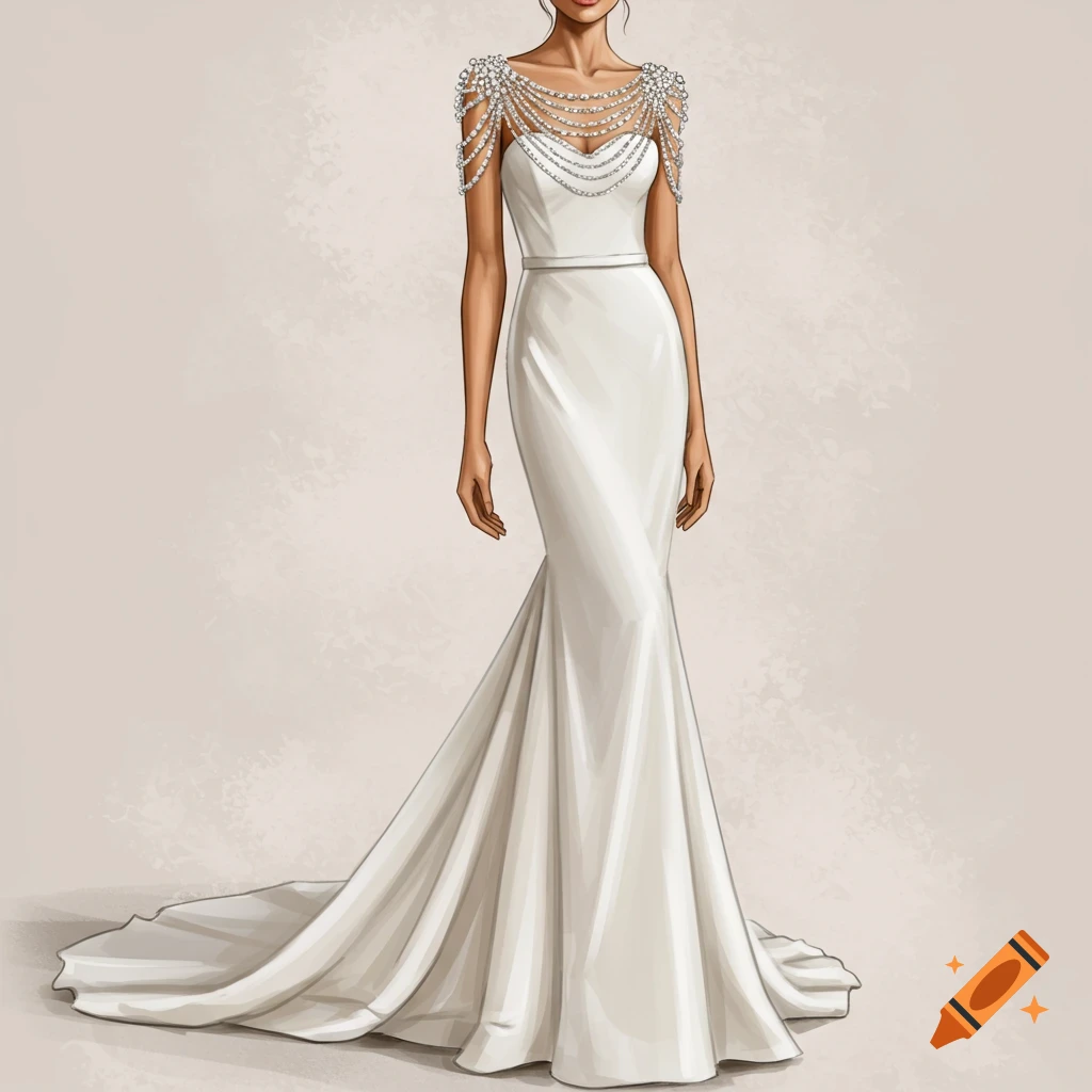 Image of a woman in a fitted white wedding dress with a long train and beaded shoulders.