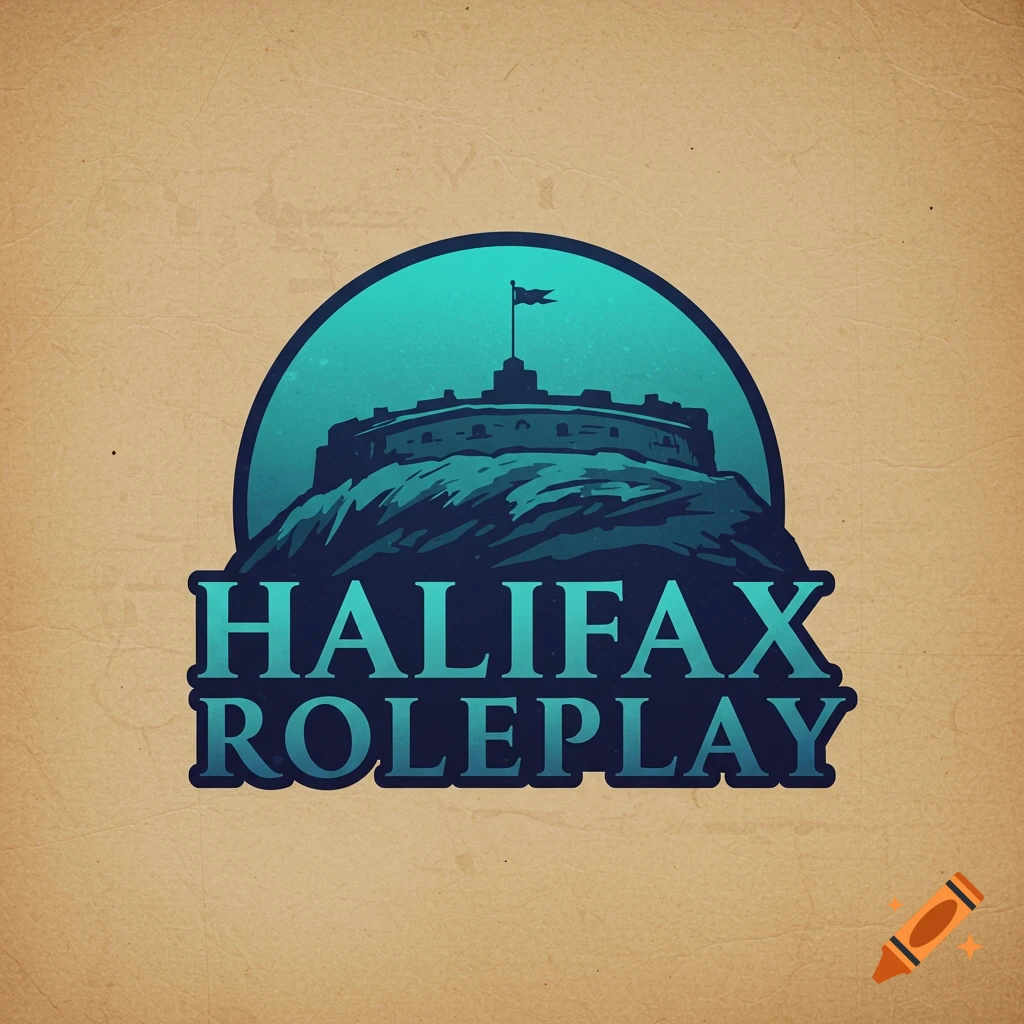 Logo with a fort on a hill above the text Halifax Roleplay on a textured background.