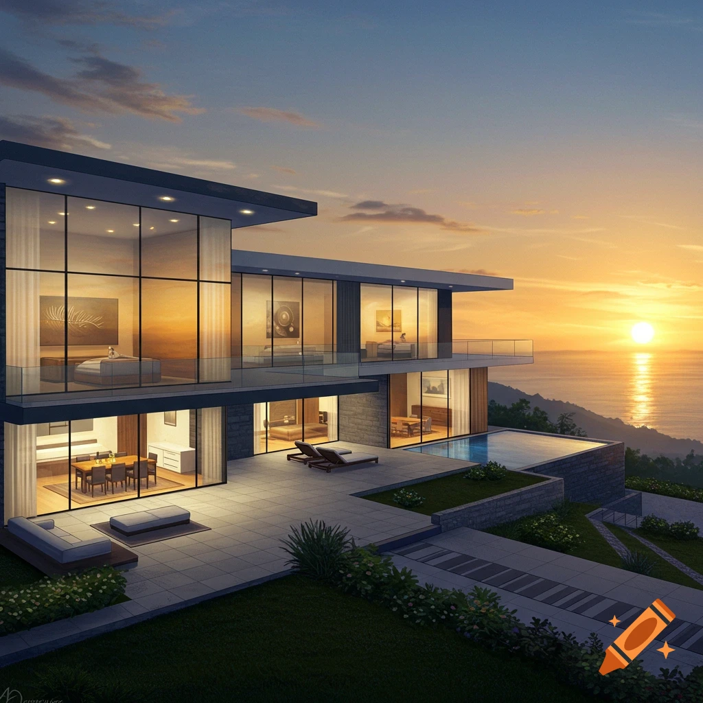 A modern luxury house with floor-to-ceiling windows and pool overlooking the ocean at sunset.