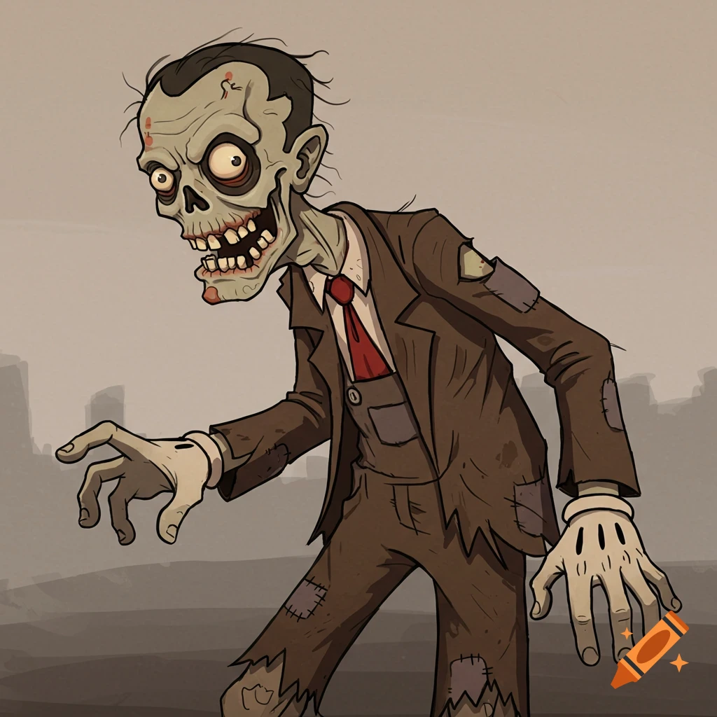 A cartoon zombie in a tattered brown suit and red tie walking forward.