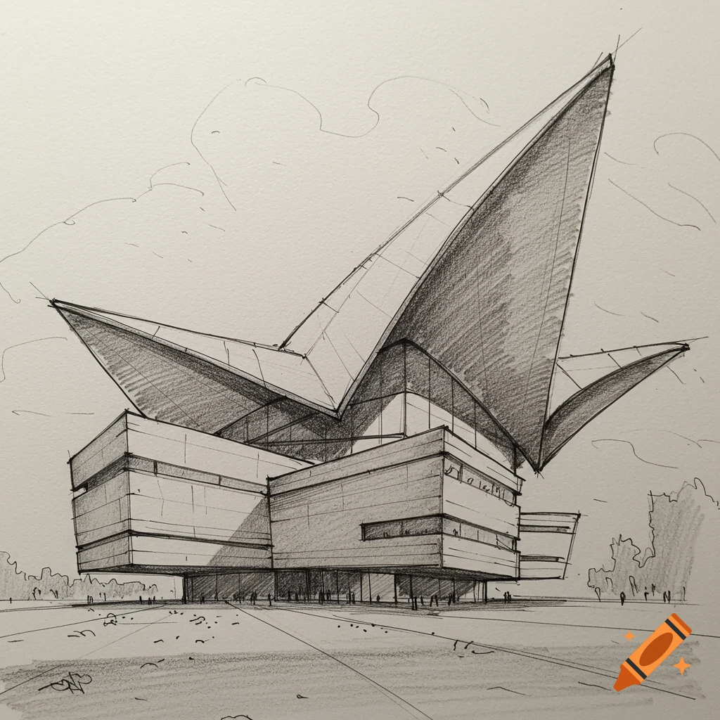 Pencil sketch of a conceptual architectural building with a dynamic, multi-peaked roof.