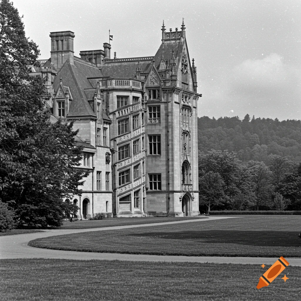 Black and white photograph of a large stone building with spires and a unique spiraling facade, set on a lawn with trees.