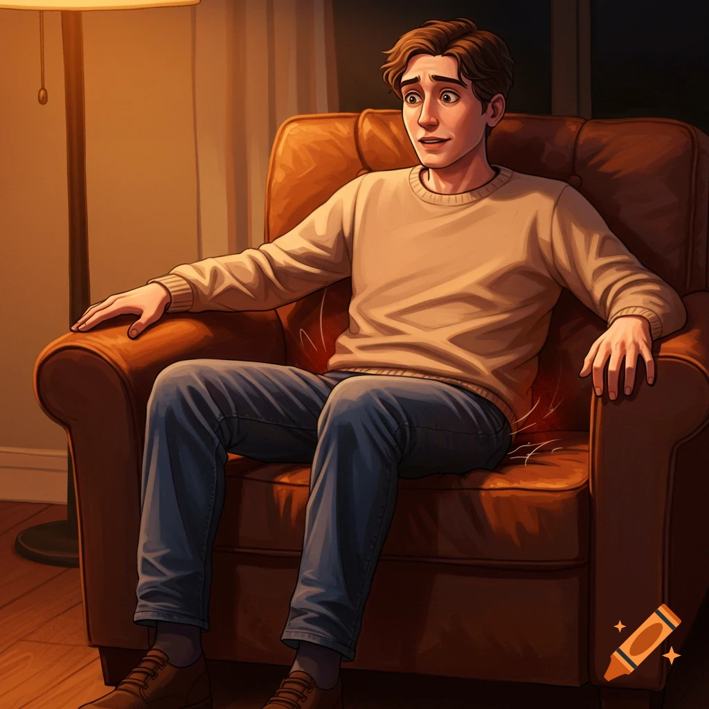 A man sitting in a chair with a surprised expression.