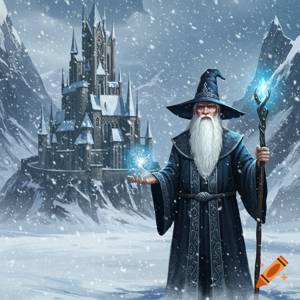 An old wizard holding magic in a snowy mountain landscape with a castle in the background.