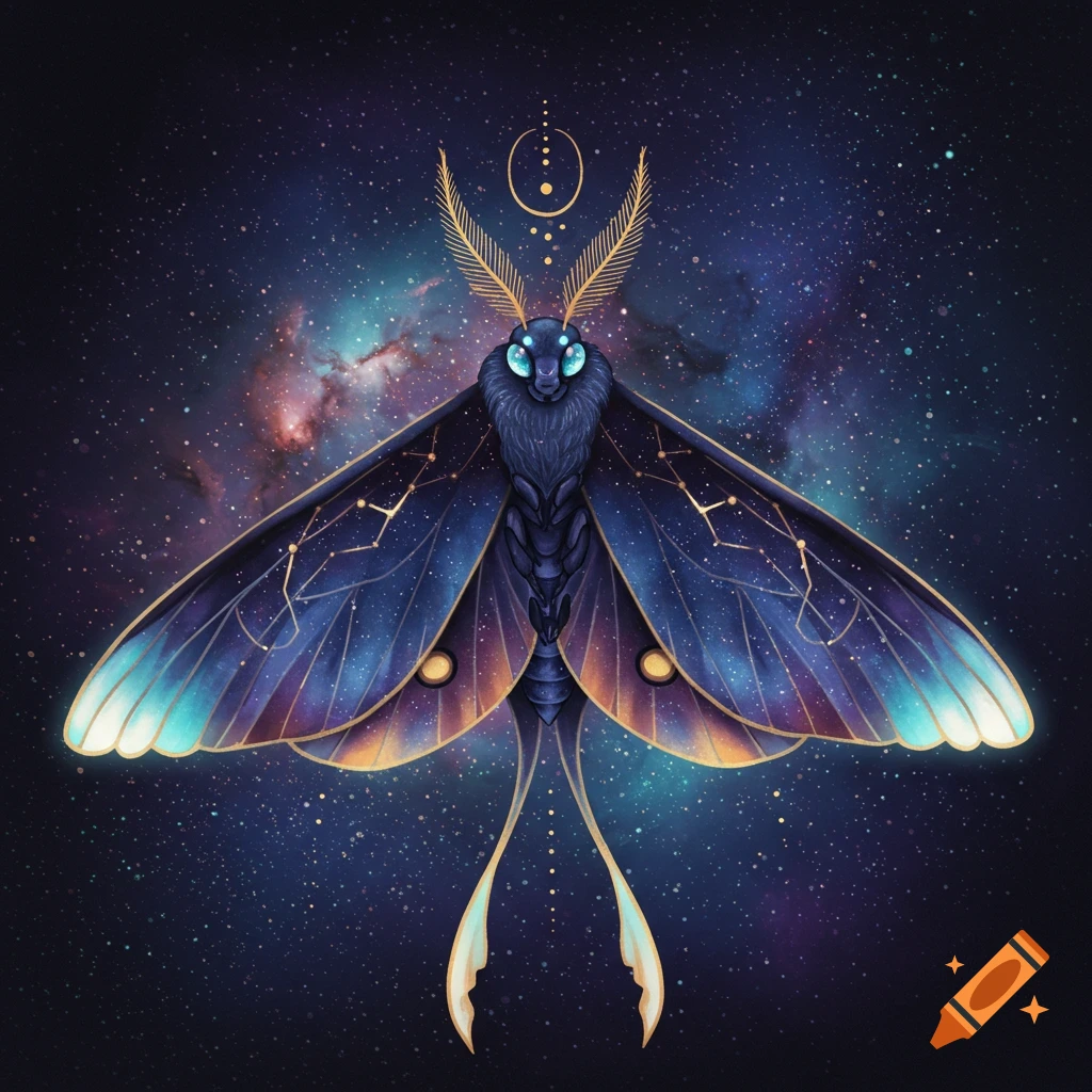 A mystical moth with galaxy pattern wings against a starfield background.