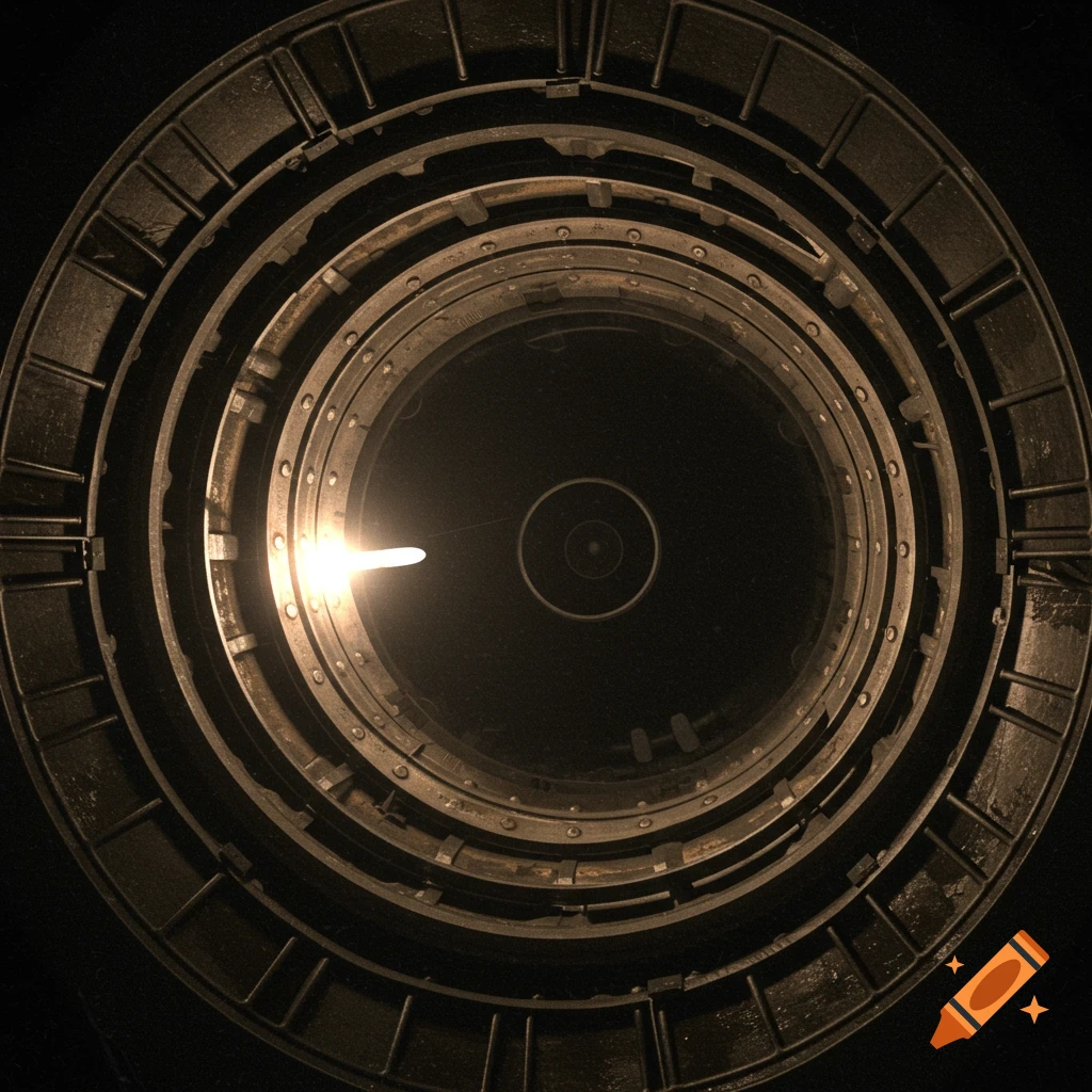 Abstract view looking down into a dark, circular, multi-ringed metallic structure with bright light