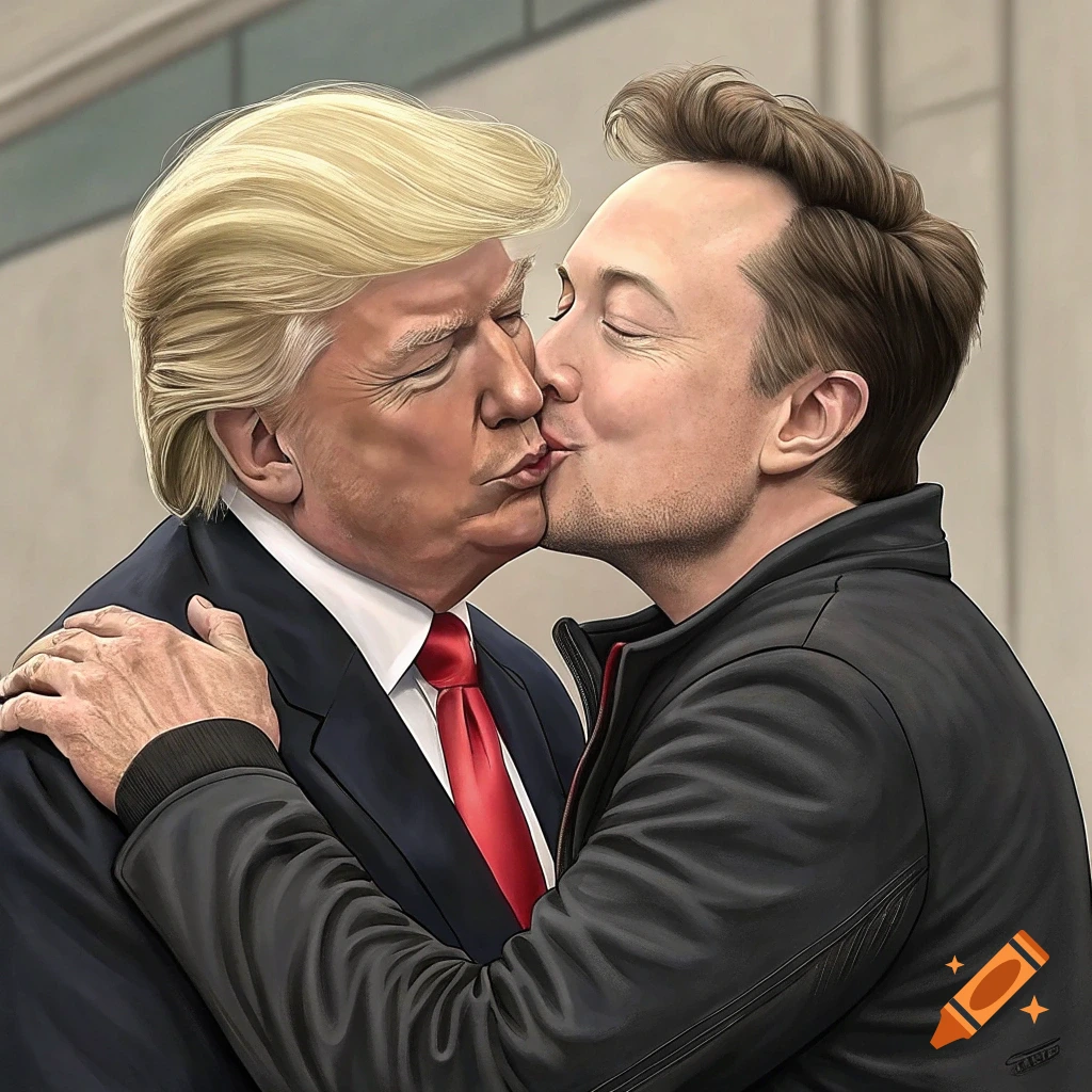 Illustration of Donald Trump and Elon Musk kissing in a caricature style.