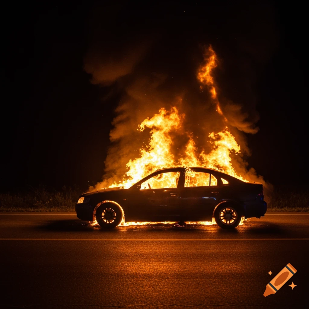 A car is engulfed in intense flames and smoke on the side of a dark road at night.