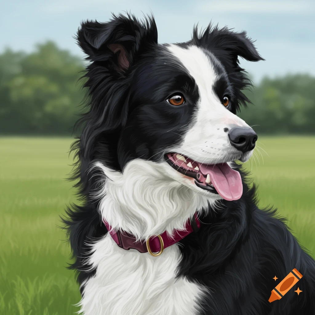 A black and white Border Collie wearing a maroon collar in a field.