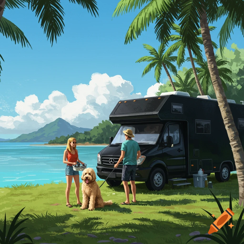 A couple and their dog are by a black camper van on a grassy shore with palm trees and mountains.