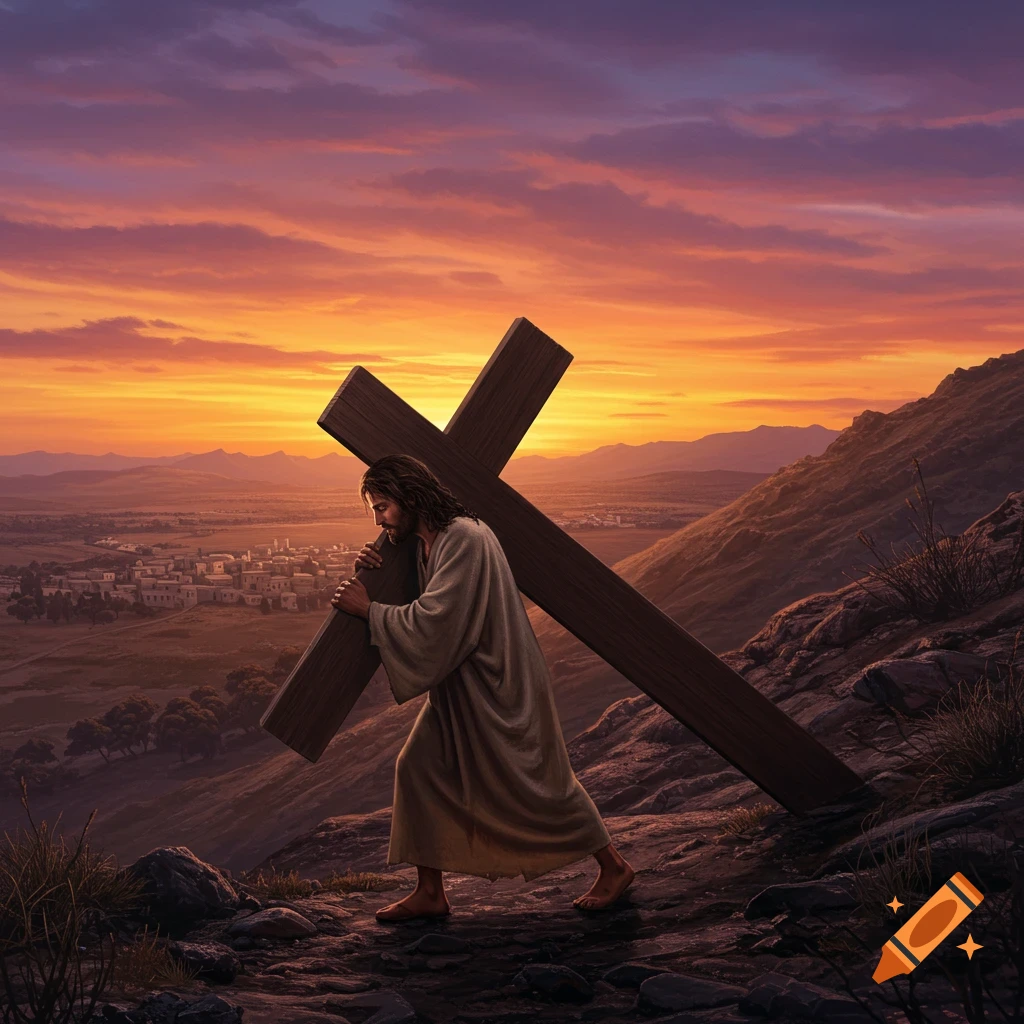 Jesus carrying the cross up a hill at sunset