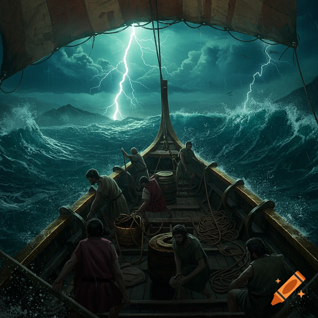 A boat with crew navigates a stormy sea with lightning