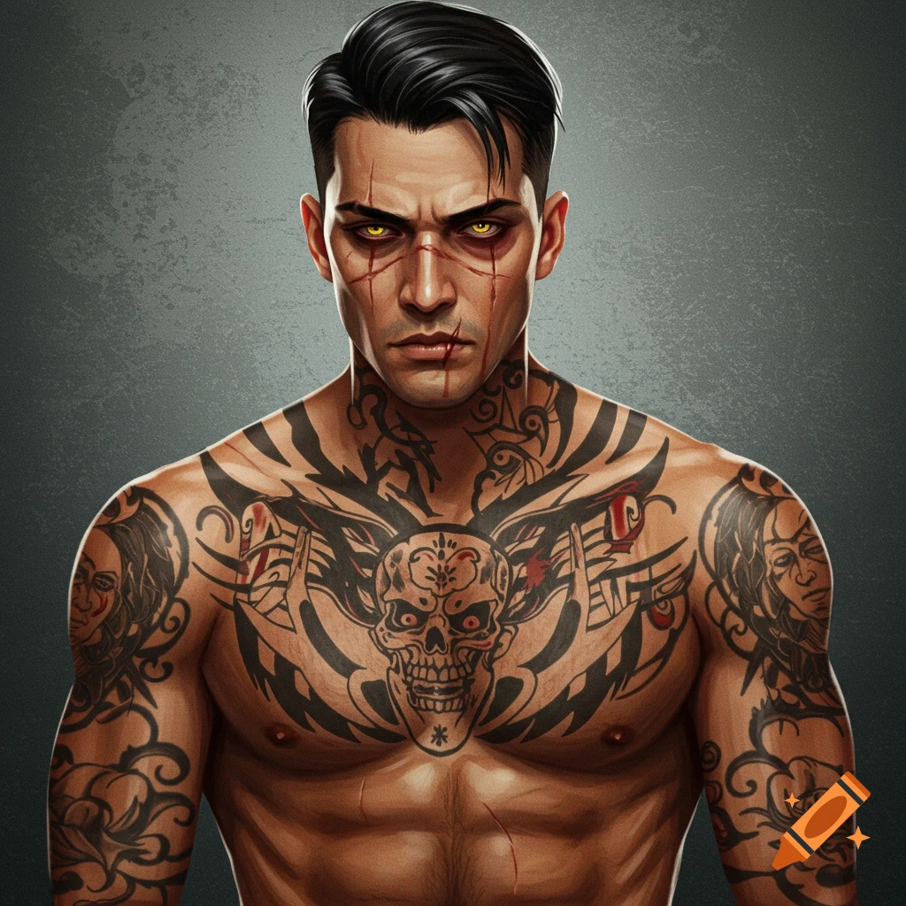 A bare-chested man with full body tattoos and facial scars.