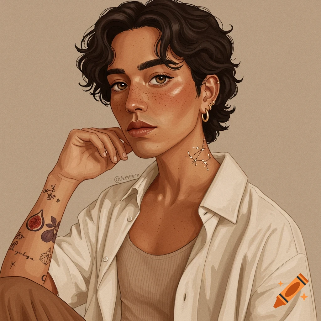 A person with wavy hair, freckles, and arm tattoos, wearing a button-up shirt.