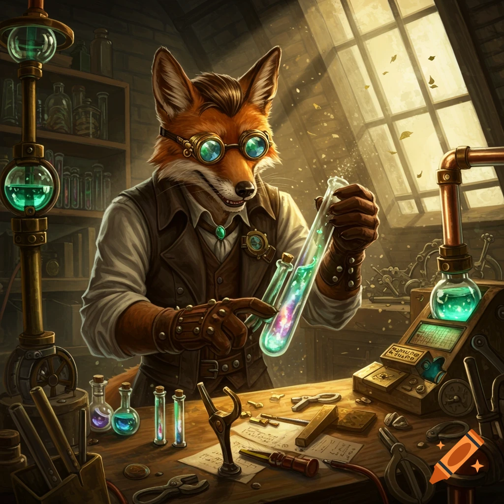 An anthropomorphic fox in steampunk goggles and vest examines a glowing test tube in a cluttered laboratory.