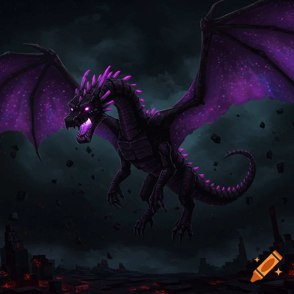 A black dragon with glowing purple wings and spikes flies over a dark, fiery landscape.