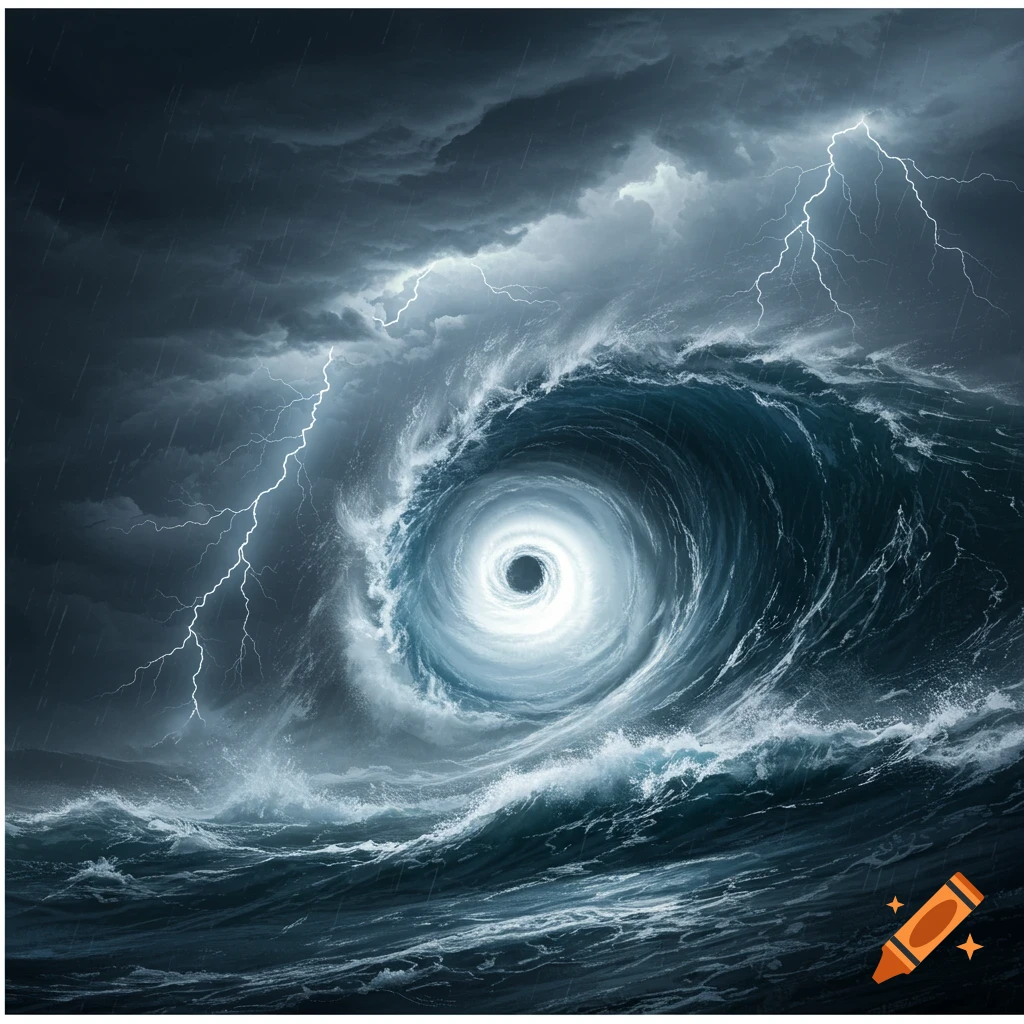Dramatic hurricane eye with crashing waves and lightning during a storm