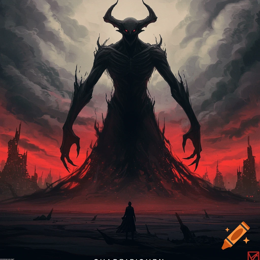 Giant shadow demon with horns looms over small figure in desolate landscape under red sky