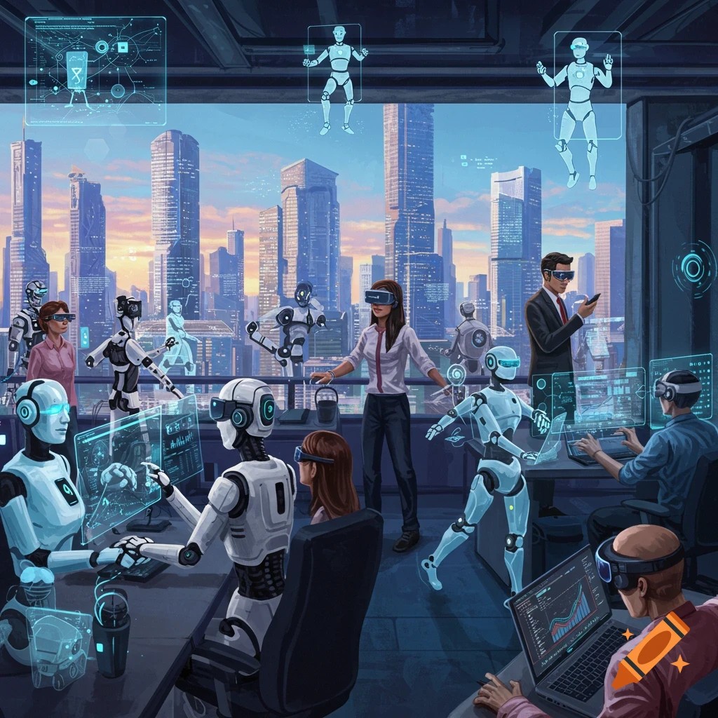 A futuristic office with people and robots using holographic screens and VR headsets, city skyline in background.