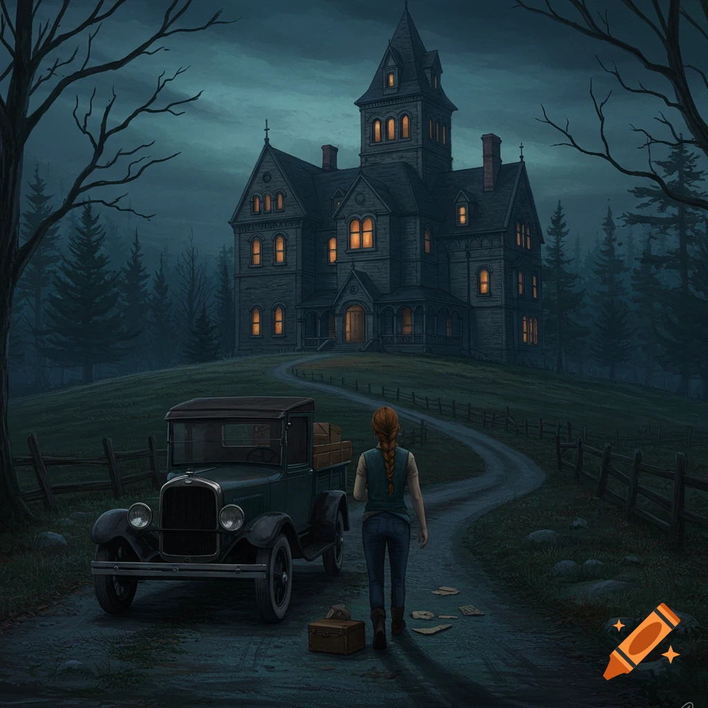 A person is walking towards a large, spooky gothic house at dusk, with an old truck parked on the road.