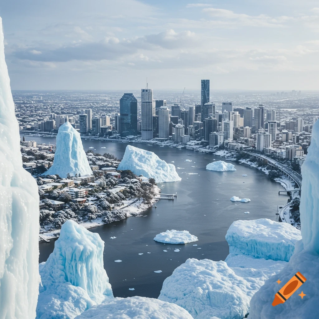 Photorealistic view of Brisbane cityscape covered in snow with giant icebergs floating in the river